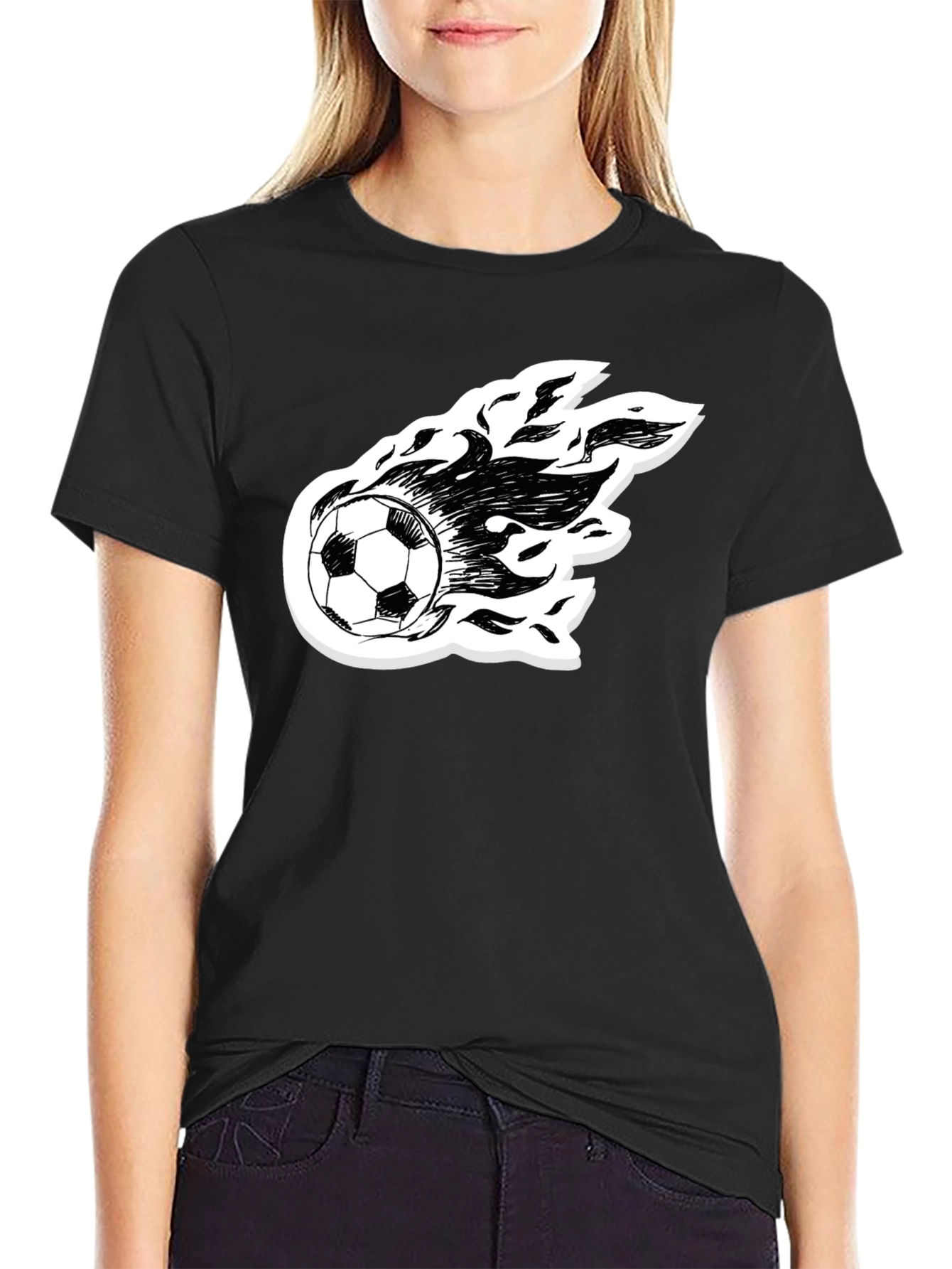 Flaming Soccer Ball Graphic Tee - Black Cotton Shirt