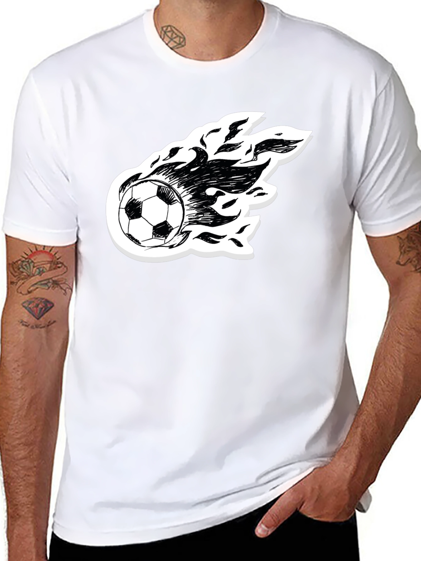 Flaming Soccer Ball Graphic Tee - Black Cotton Shirt