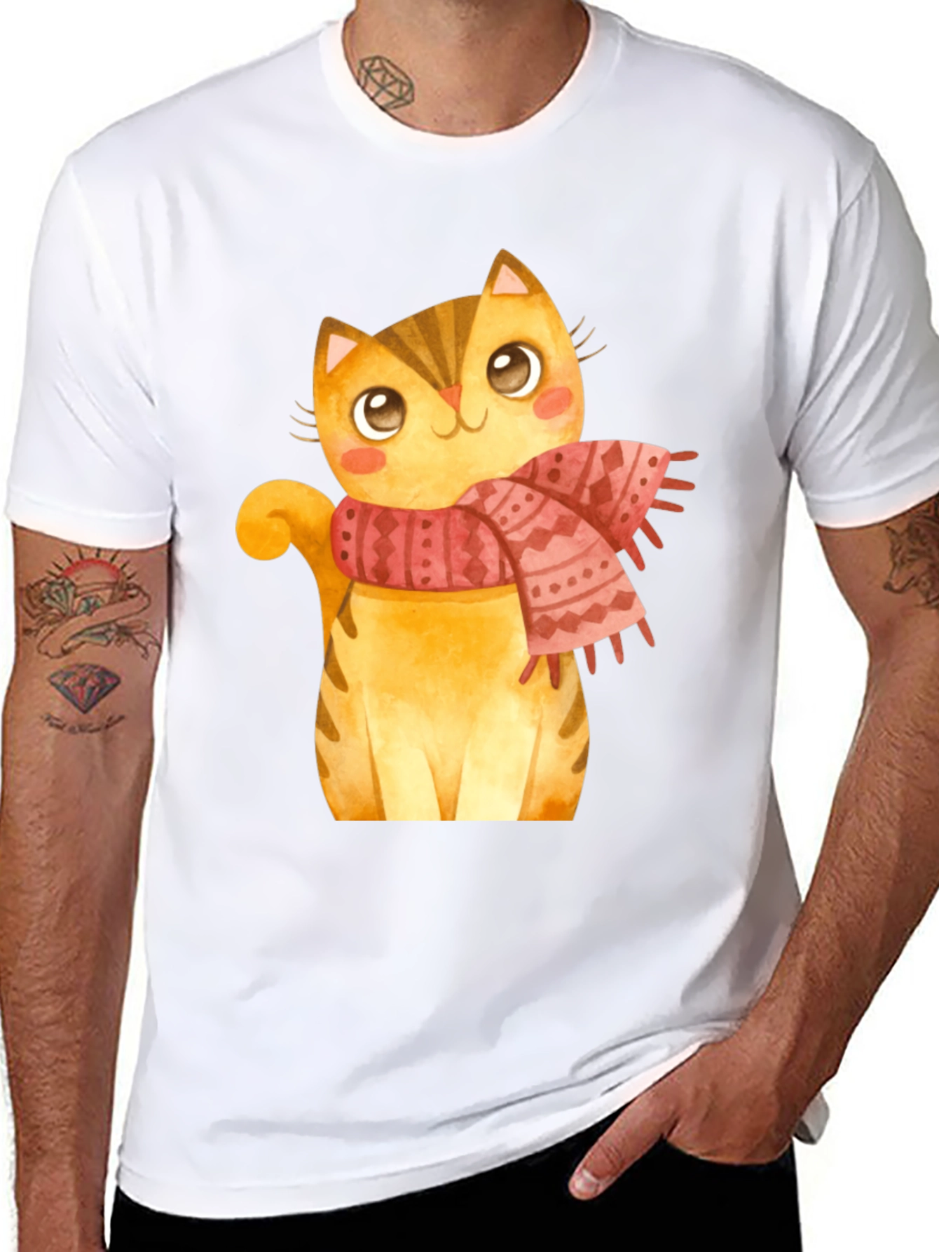 Cute Cat in Scarf Graphic T-Shirt - Black