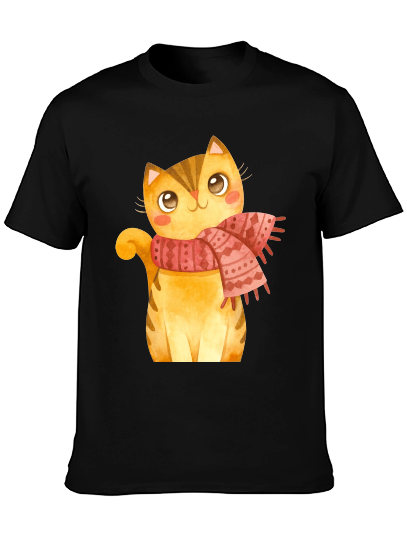 Cute Cat in Scarf Graphic T-Shirt - Black