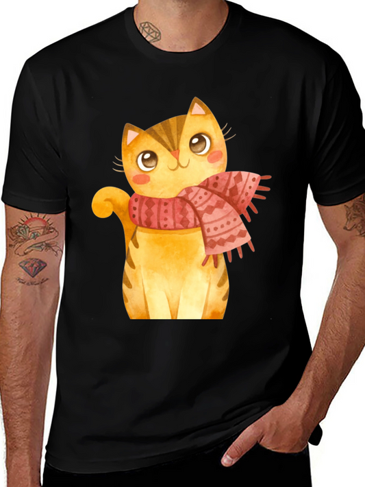 Cute Cat in Scarf Graphic T-Shirt - Black