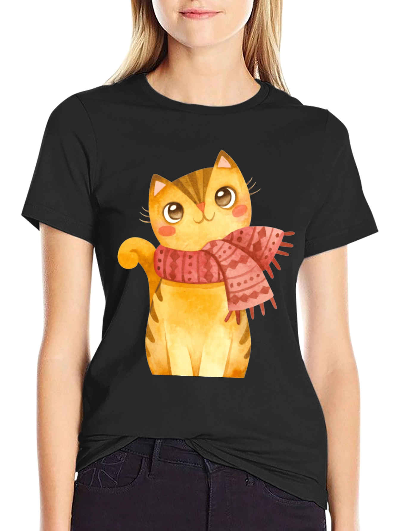 Cute Cat in Scarf Graphic T-Shirt - Black