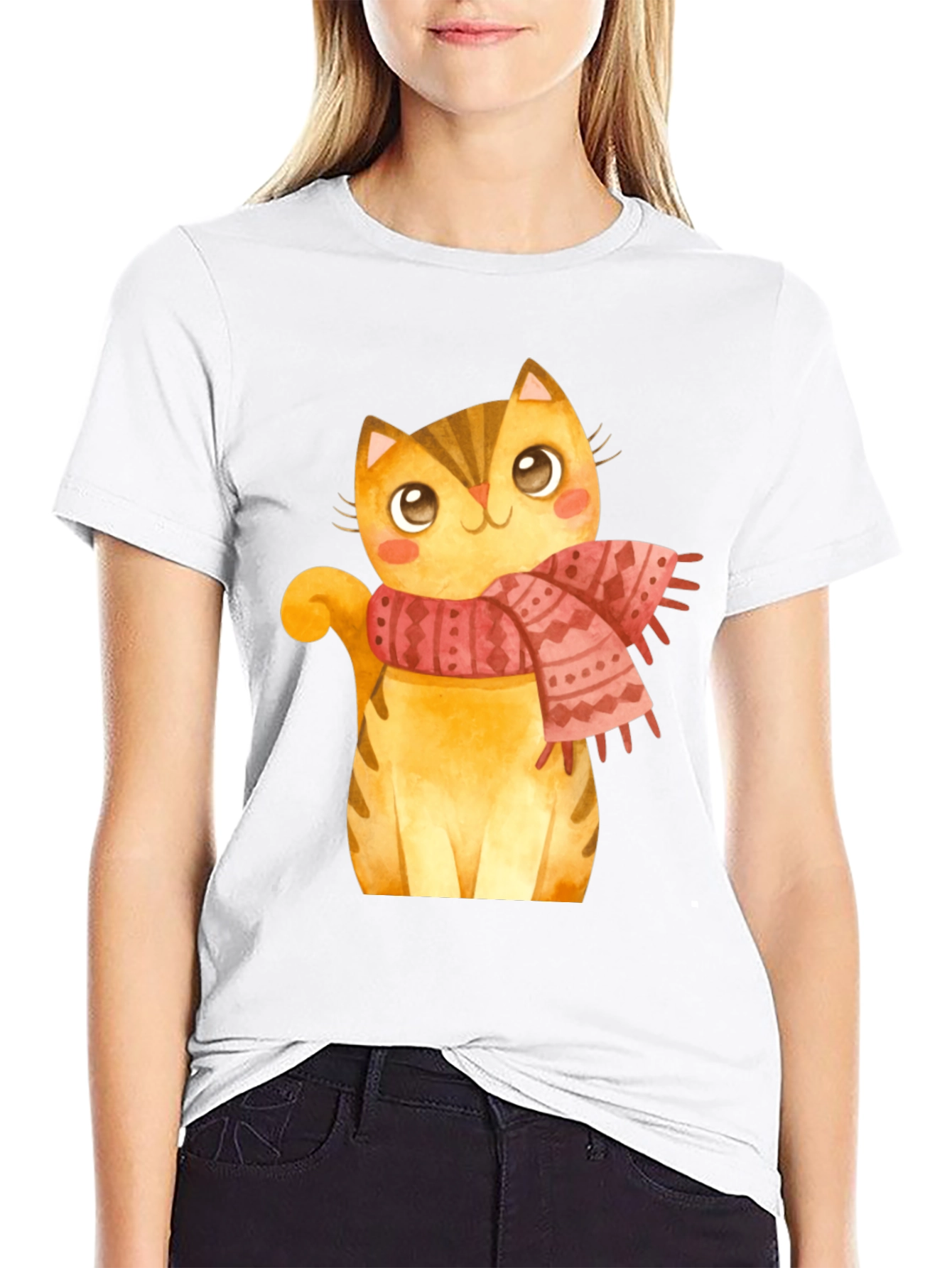 Cute Cat in Scarf Graphic T-Shirt - Black