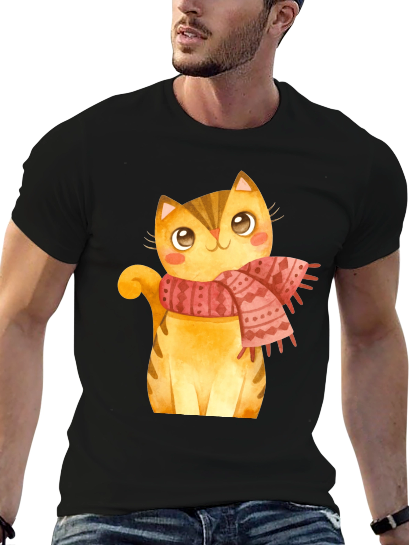 Cute Cat in Scarf Graphic T-Shirt - Black