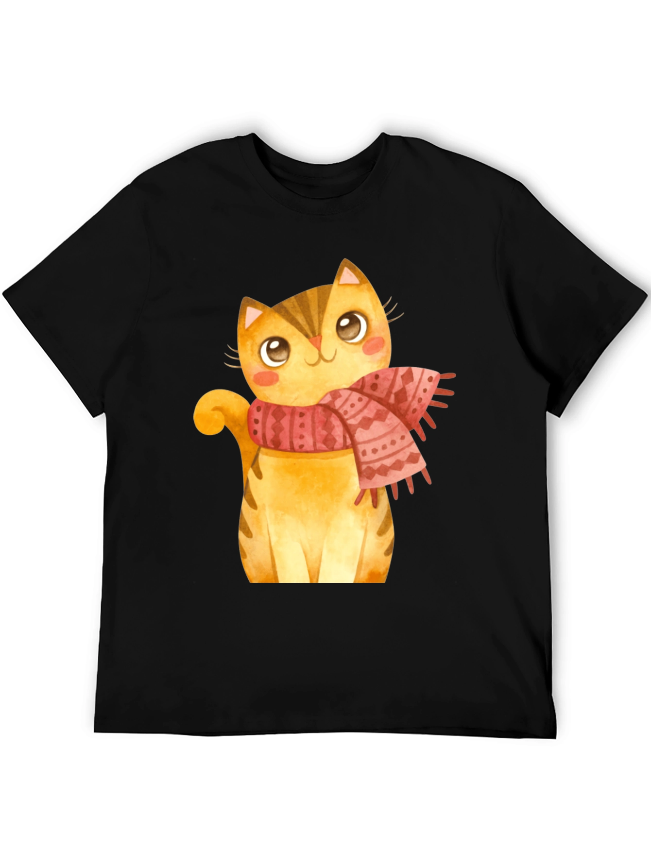 Cute Cat in Scarf Graphic T-Shirt - Black