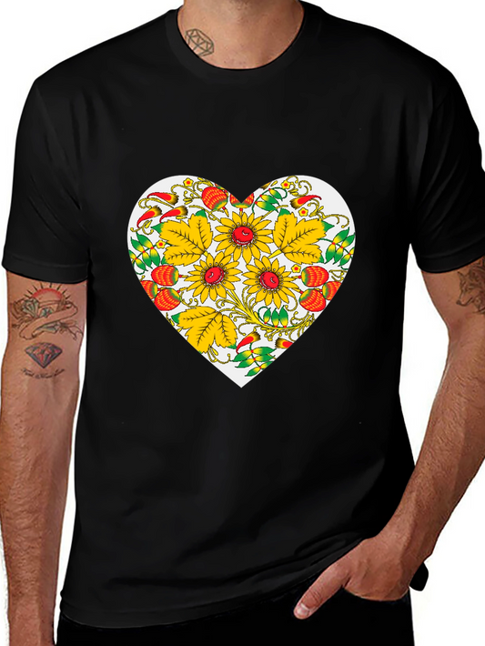 Floral Heart Graphic Tee - Black Cotton Blend Casual Wear
