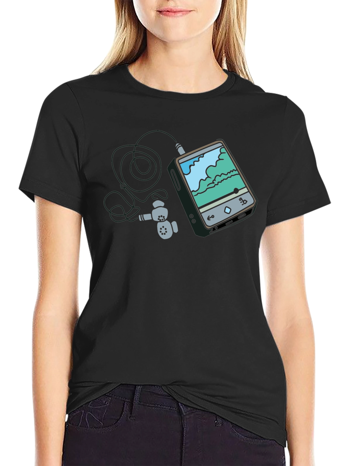 Mens Black Graphic Tee - MP3 Player Design