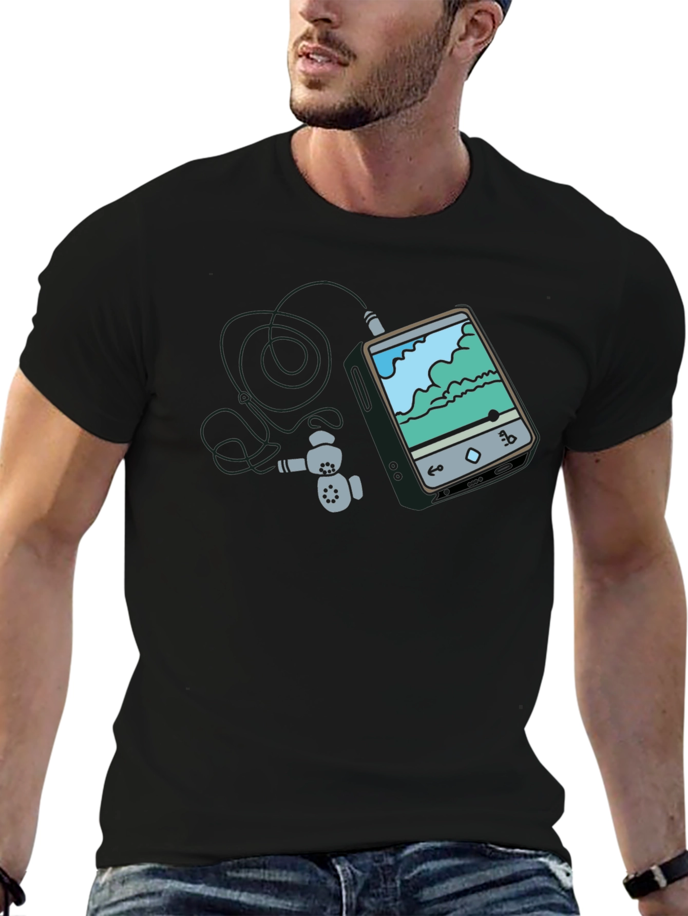 Mens Black Graphic Tee - MP3 Player Design