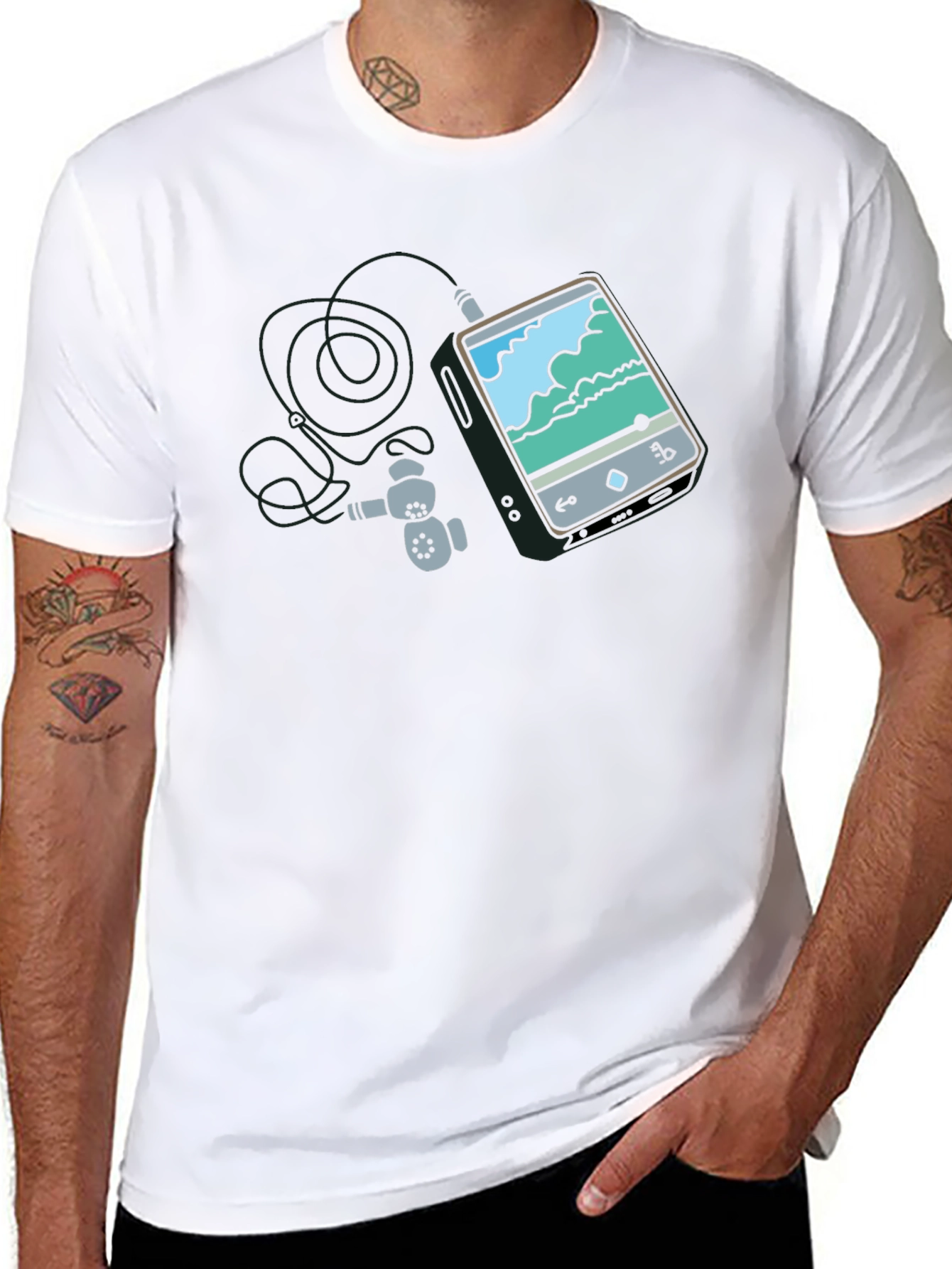 Mens Black Graphic Tee - MP3 Player Design