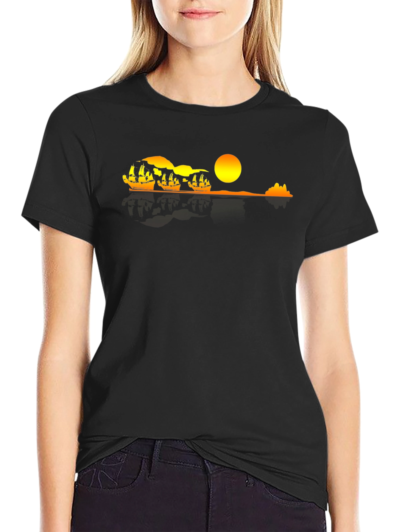 Sunset Ship Graphic Tee - Black Cotton Comfort