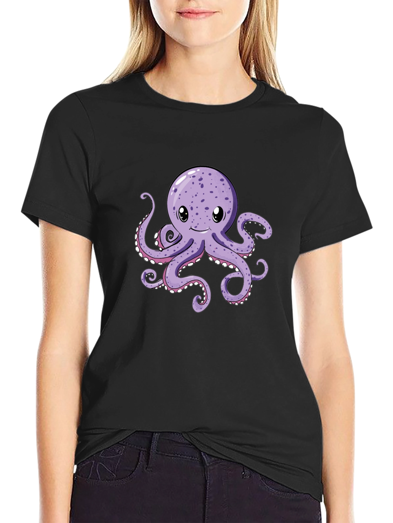 Cute Octopus Graphic Tee - Black Cotton Comfort