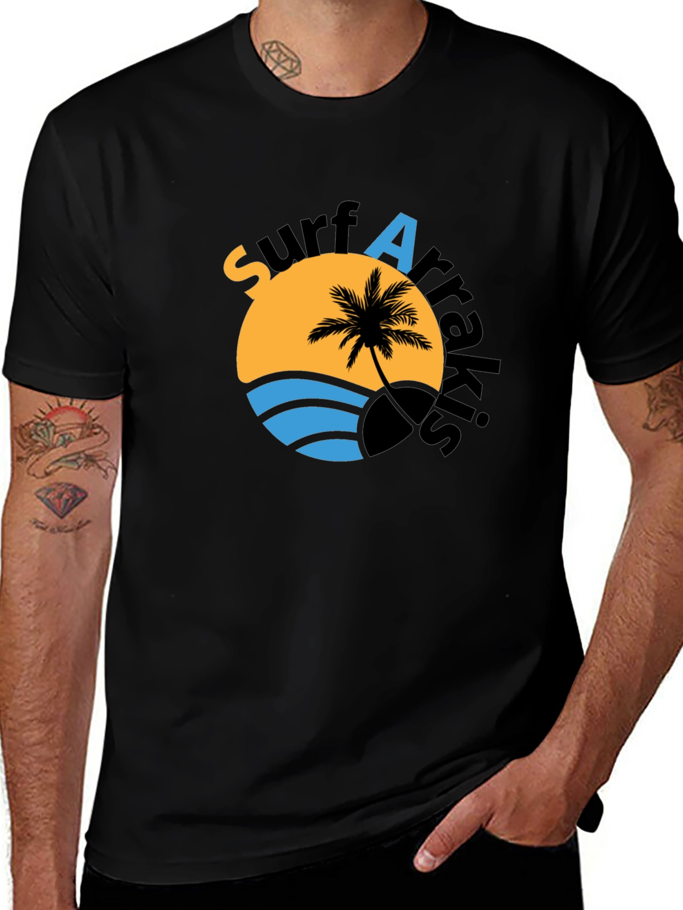 Surf Arrakis Black T-Shirt Palm Tree Graphic
