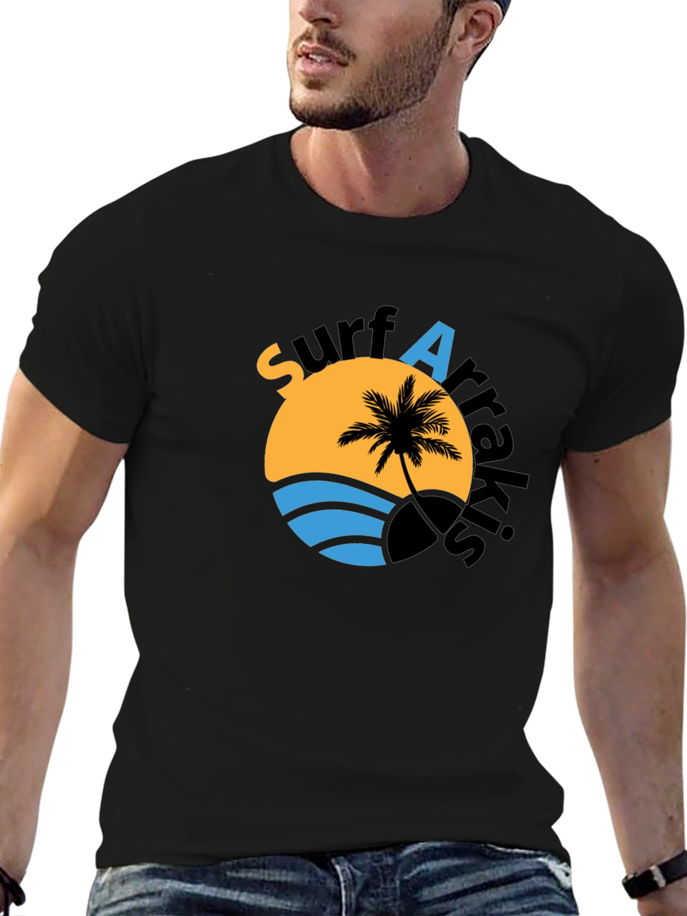 Surf Arrakis Black T-Shirt Palm Tree Graphic