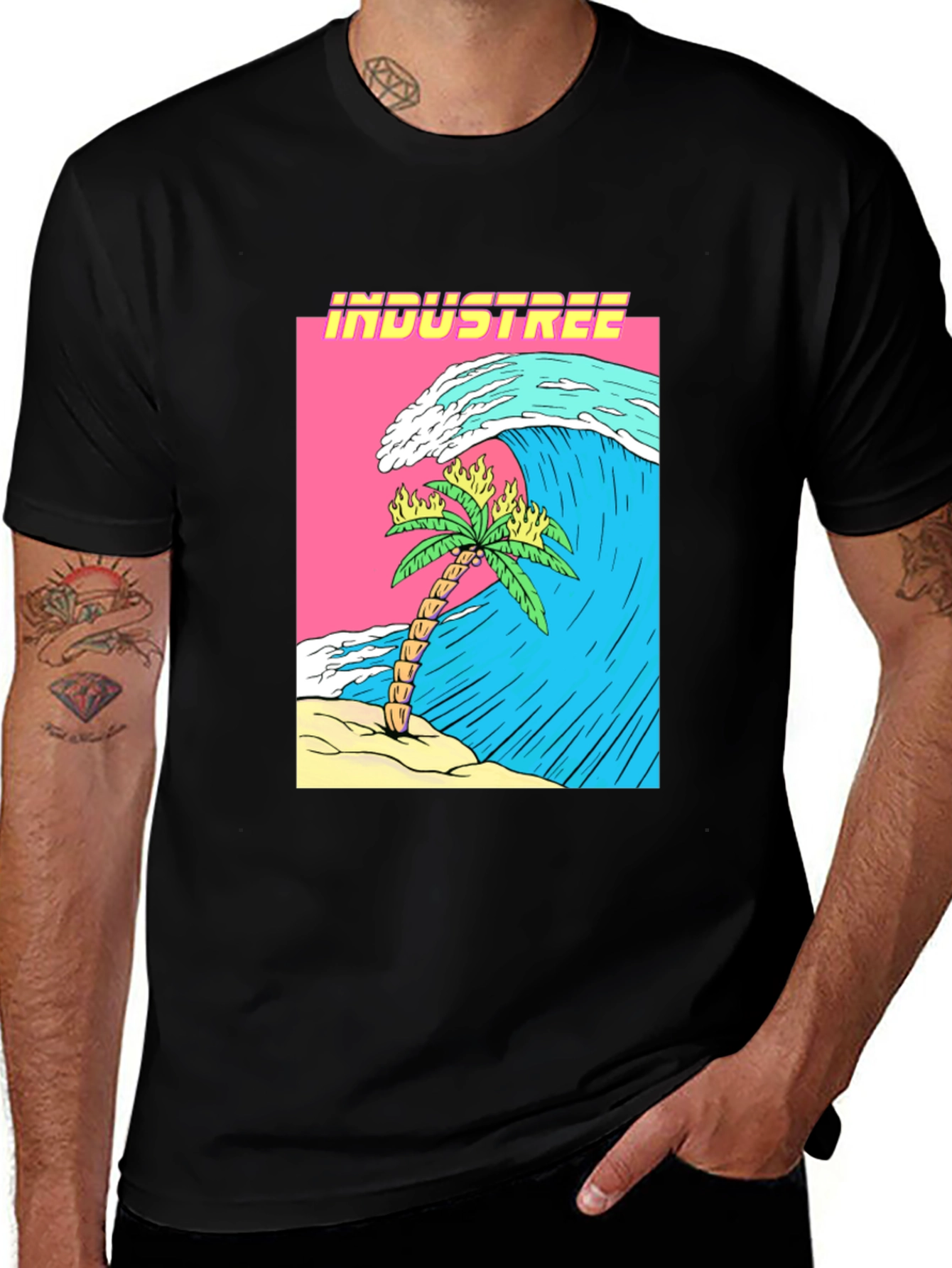 Industree Wave Palm Tee - Graphic Black T-Shirt