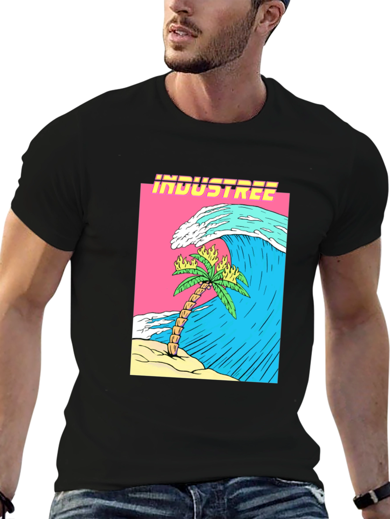 Industree Wave Palm Tee - Graphic Black T-Shirt
