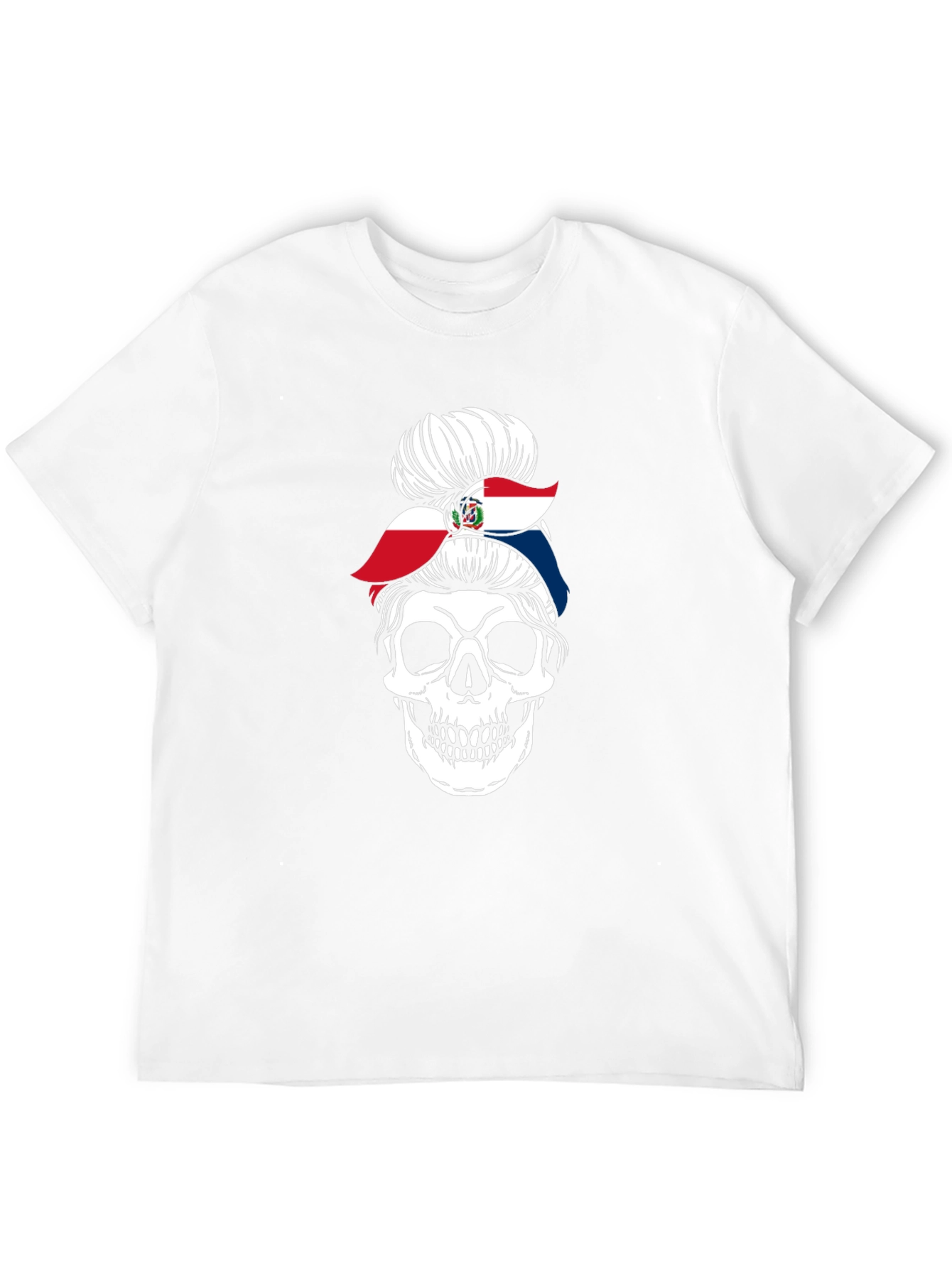 Dominican Republic Flag Messy Bun Skull T-Shirt