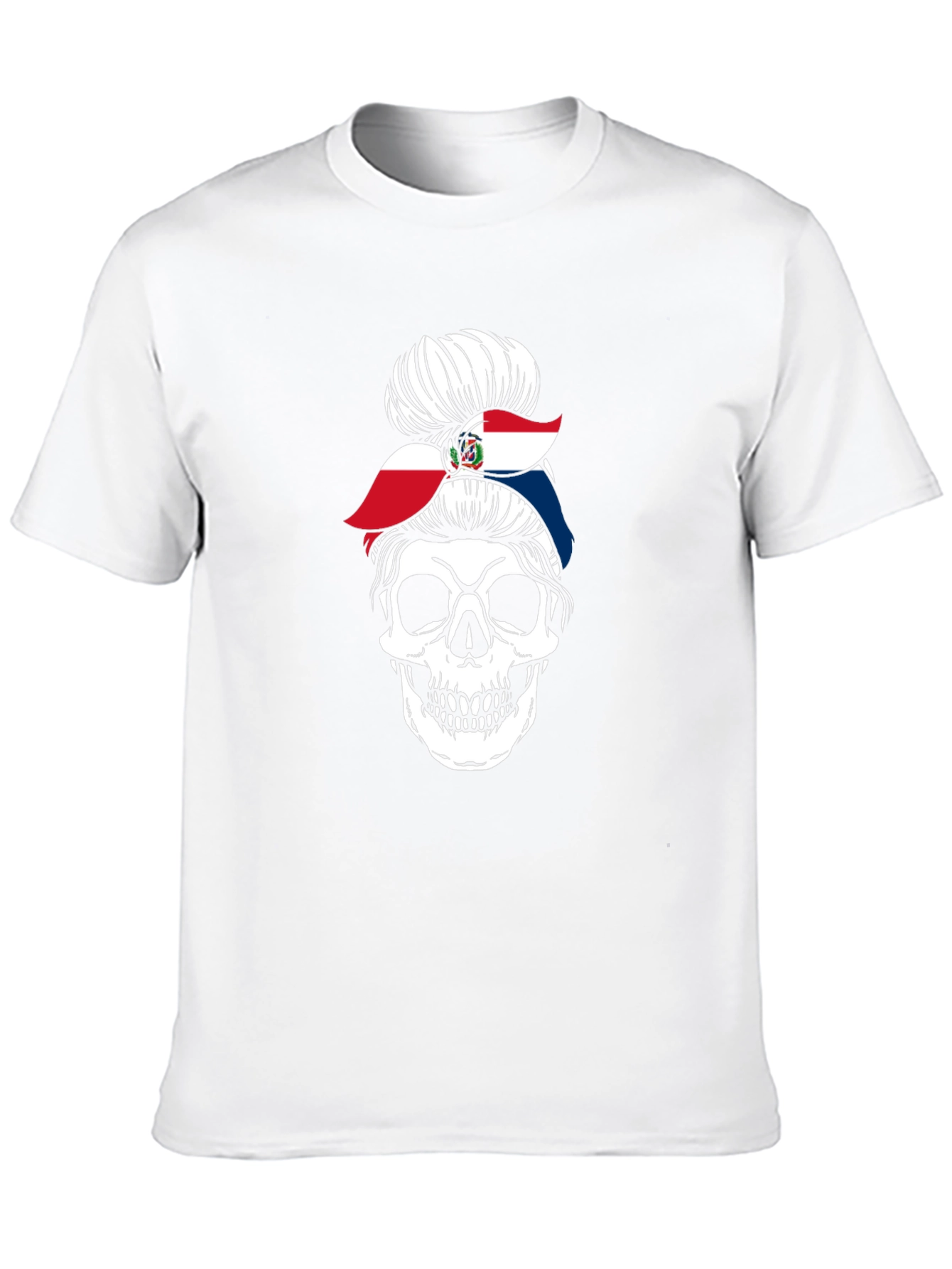 Dominican Republic Flag Messy Bun Skull T-Shirt