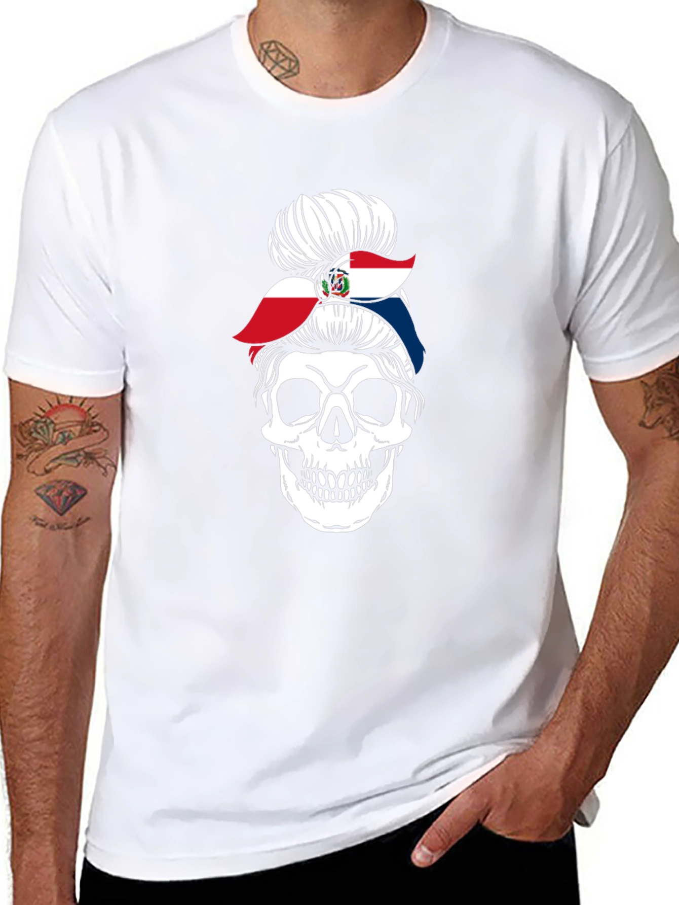 Dominican Republic Flag Messy Bun Skull T-Shirt