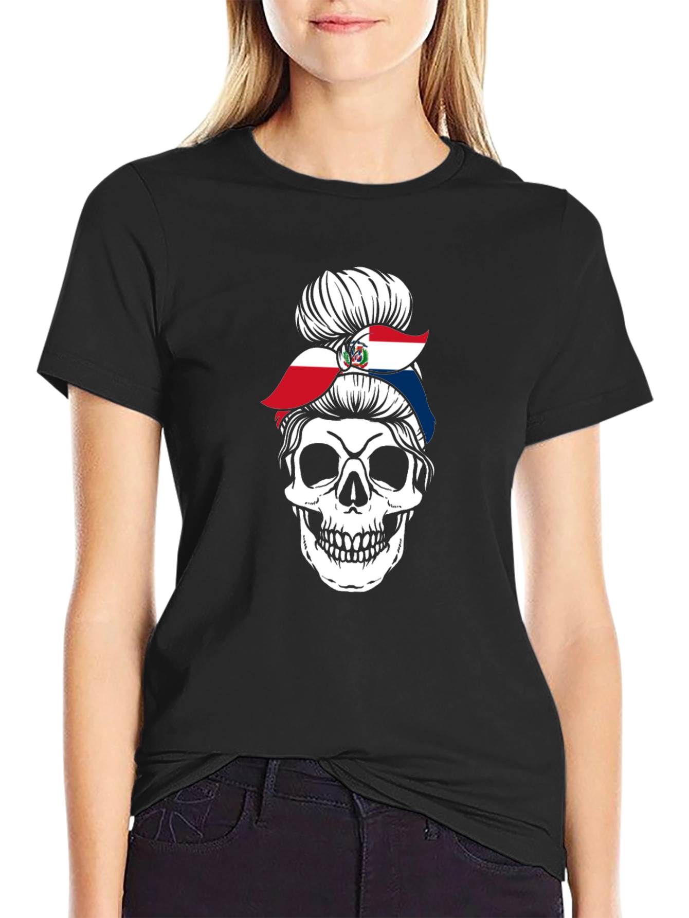 Dominican Republic Flag Messy Bun Skull T-Shirt