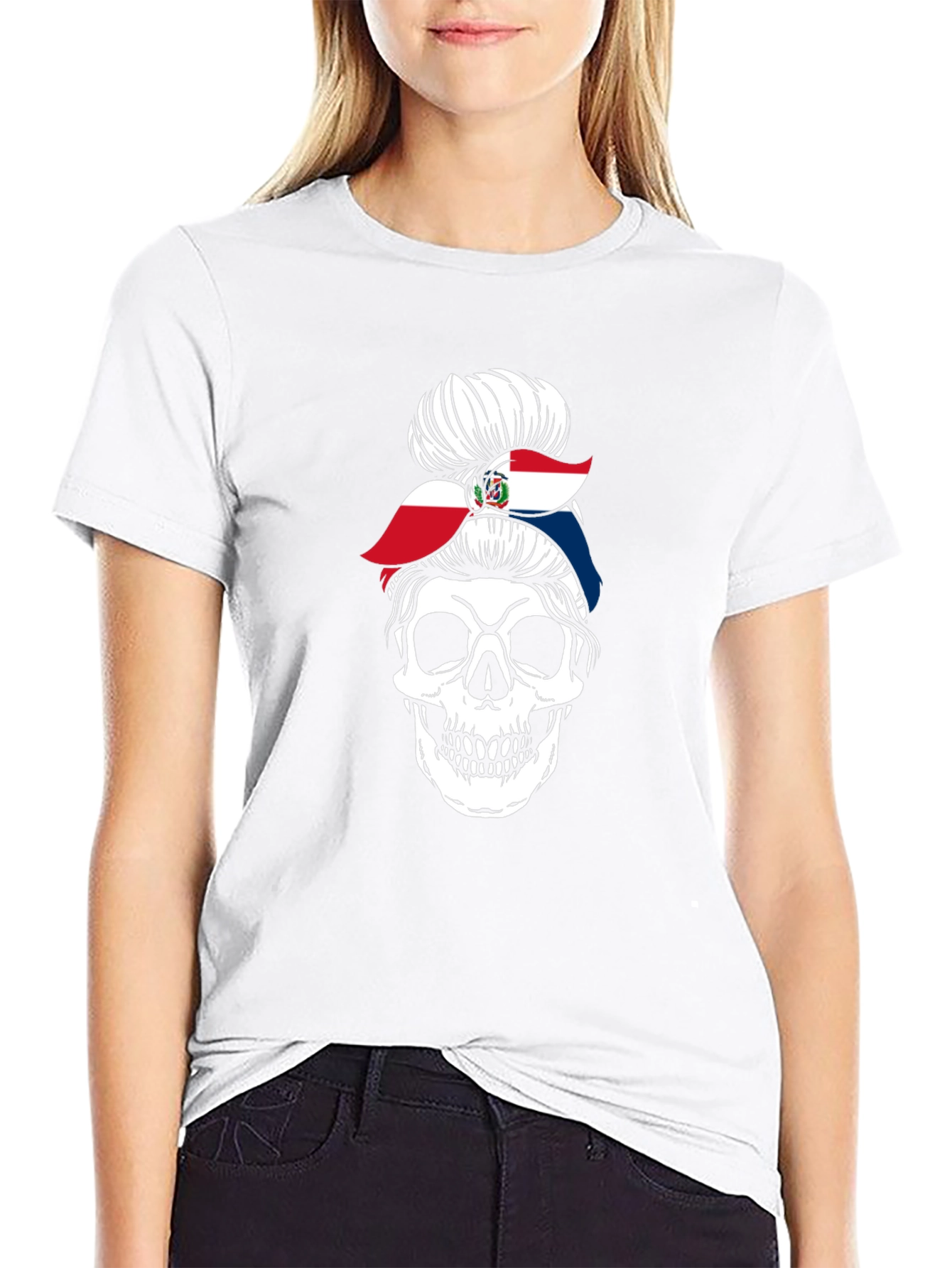 Dominican Republic Flag Messy Bun Skull T-Shirt