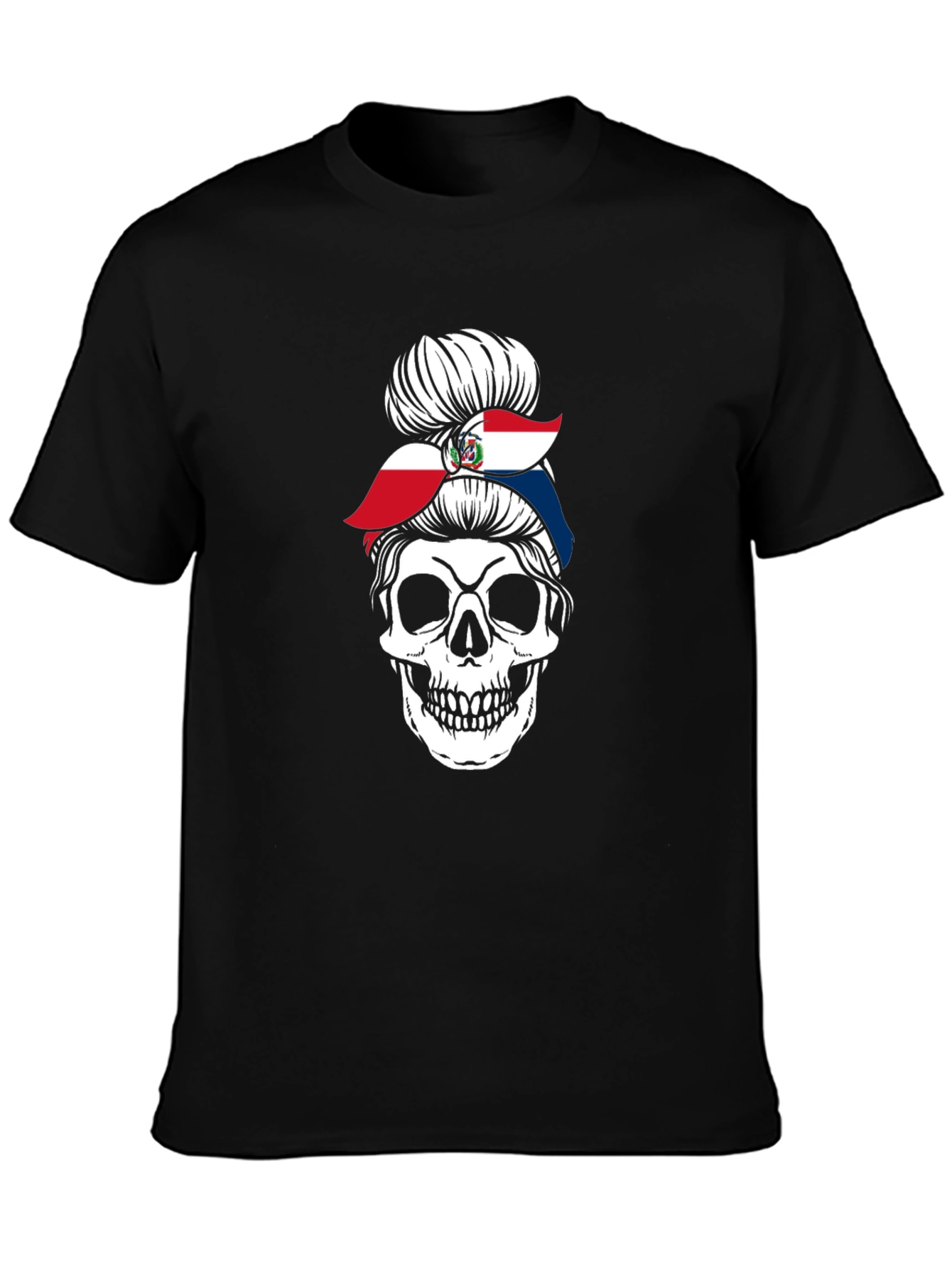 Dominican Republic Flag Messy Bun Skull T-Shirt