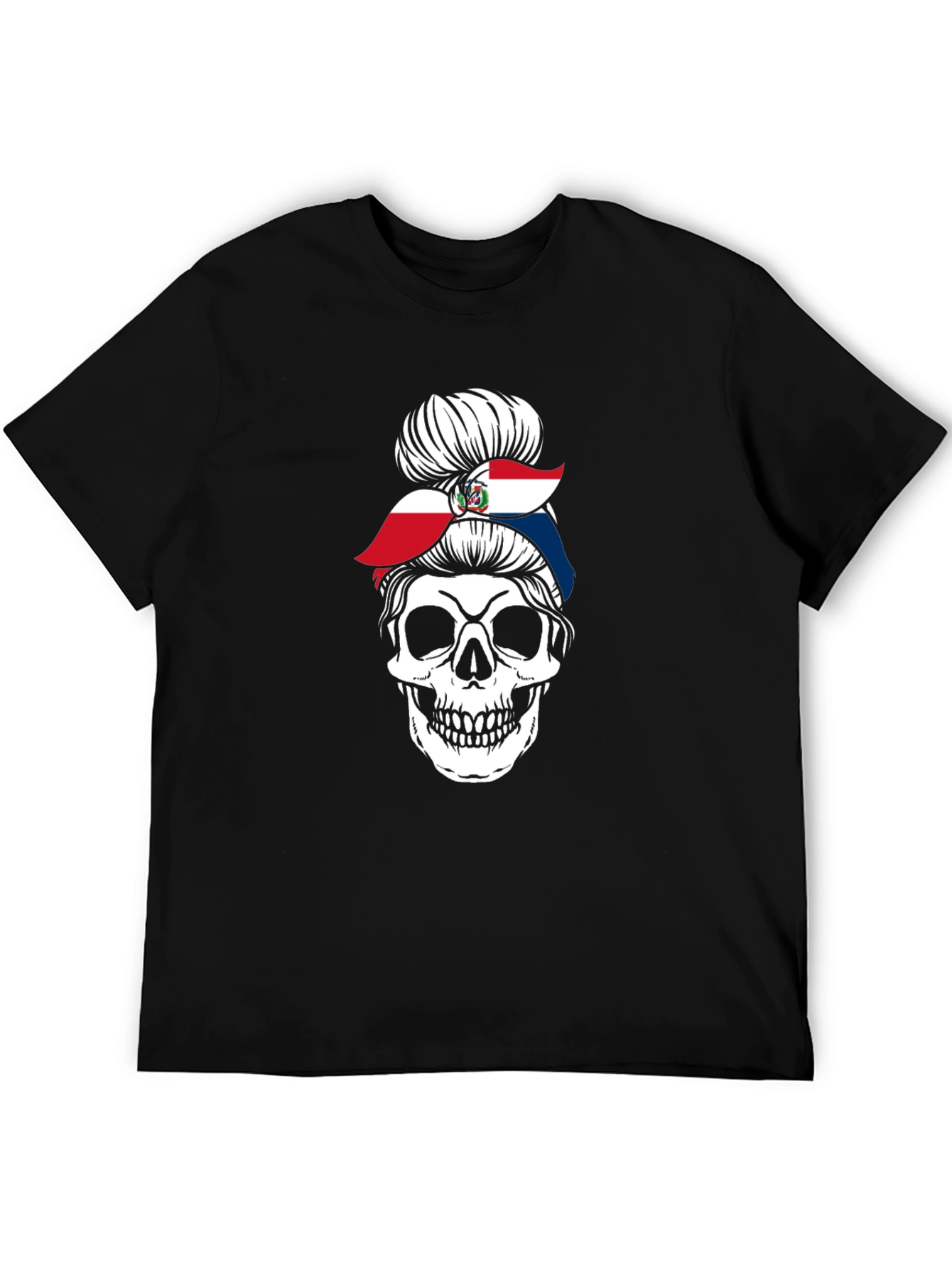 Dominican Republic Flag Messy Bun Skull T-Shirt