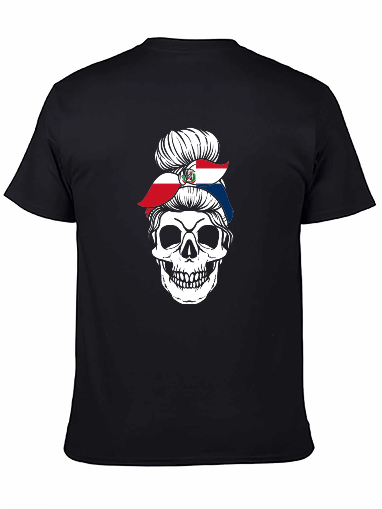 Dominican Republic Flag Messy Bun Skull T-Shirt