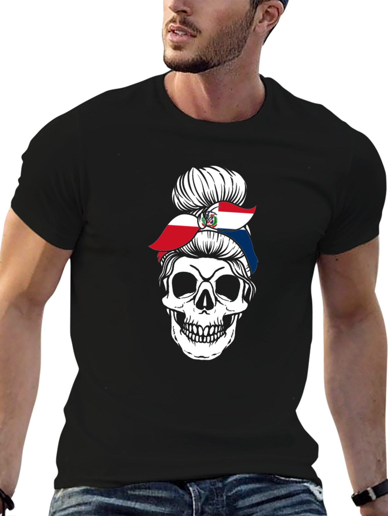 Dominican Republic Flag Messy Bun Skull T-Shirt