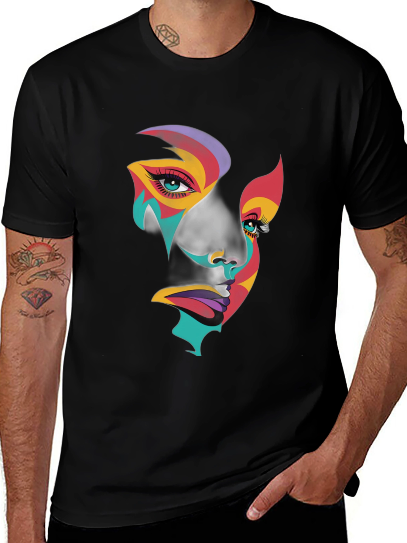 Abstract Face Graphic Tee - Artistic Black T-Shirt
