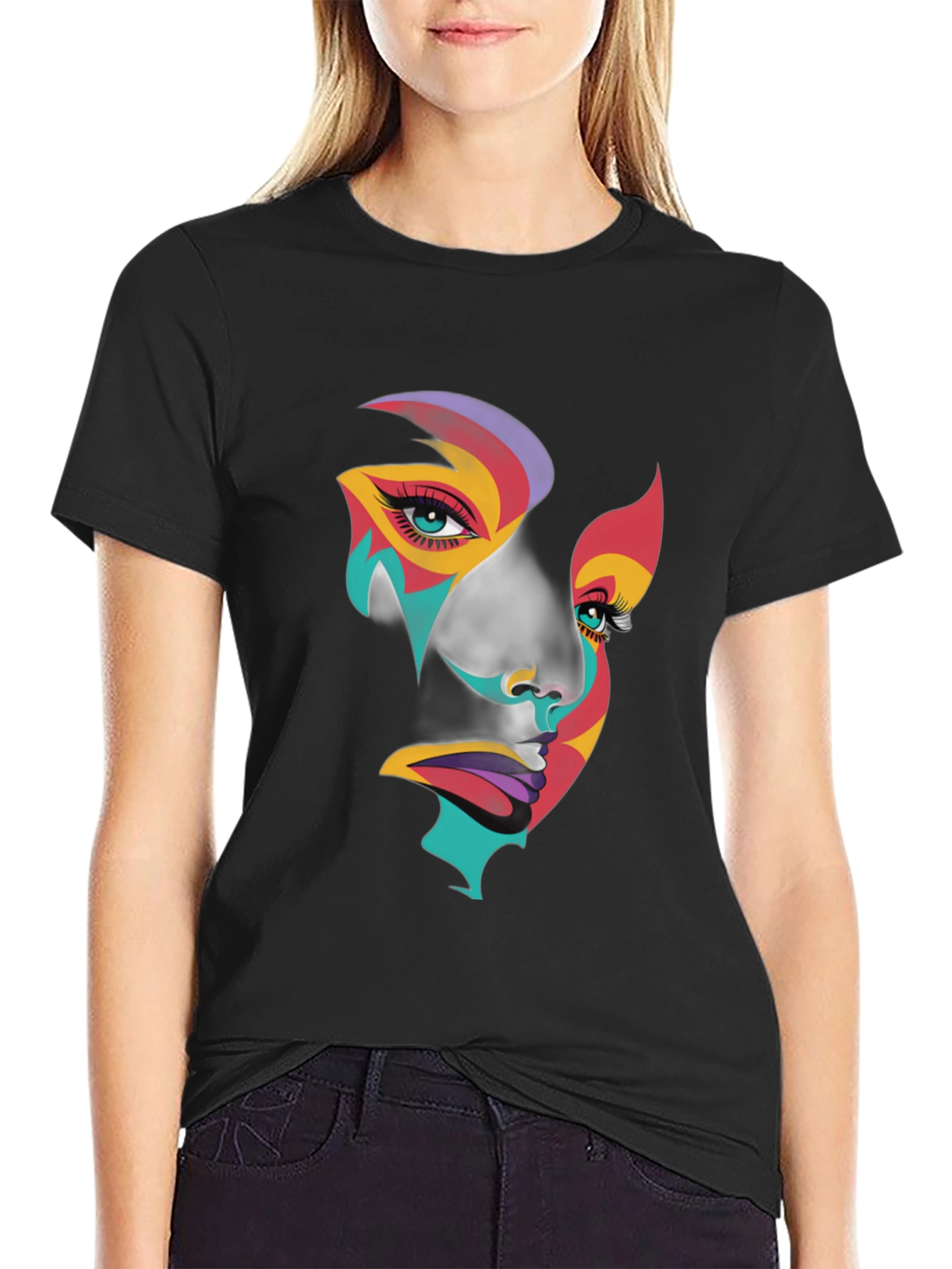 Abstract Face Graphic Tee - Artistic Black T-Shirt