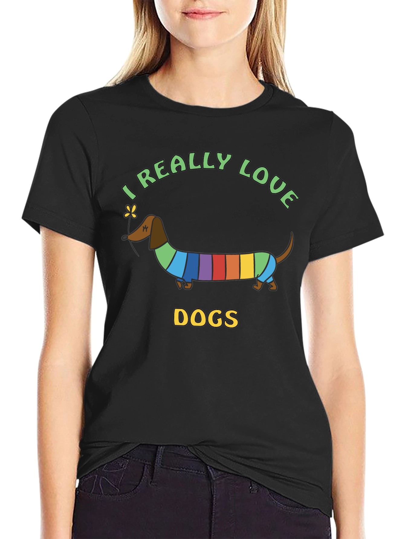 I Really Love Dogs T-Shirt Dachshund Rainbow