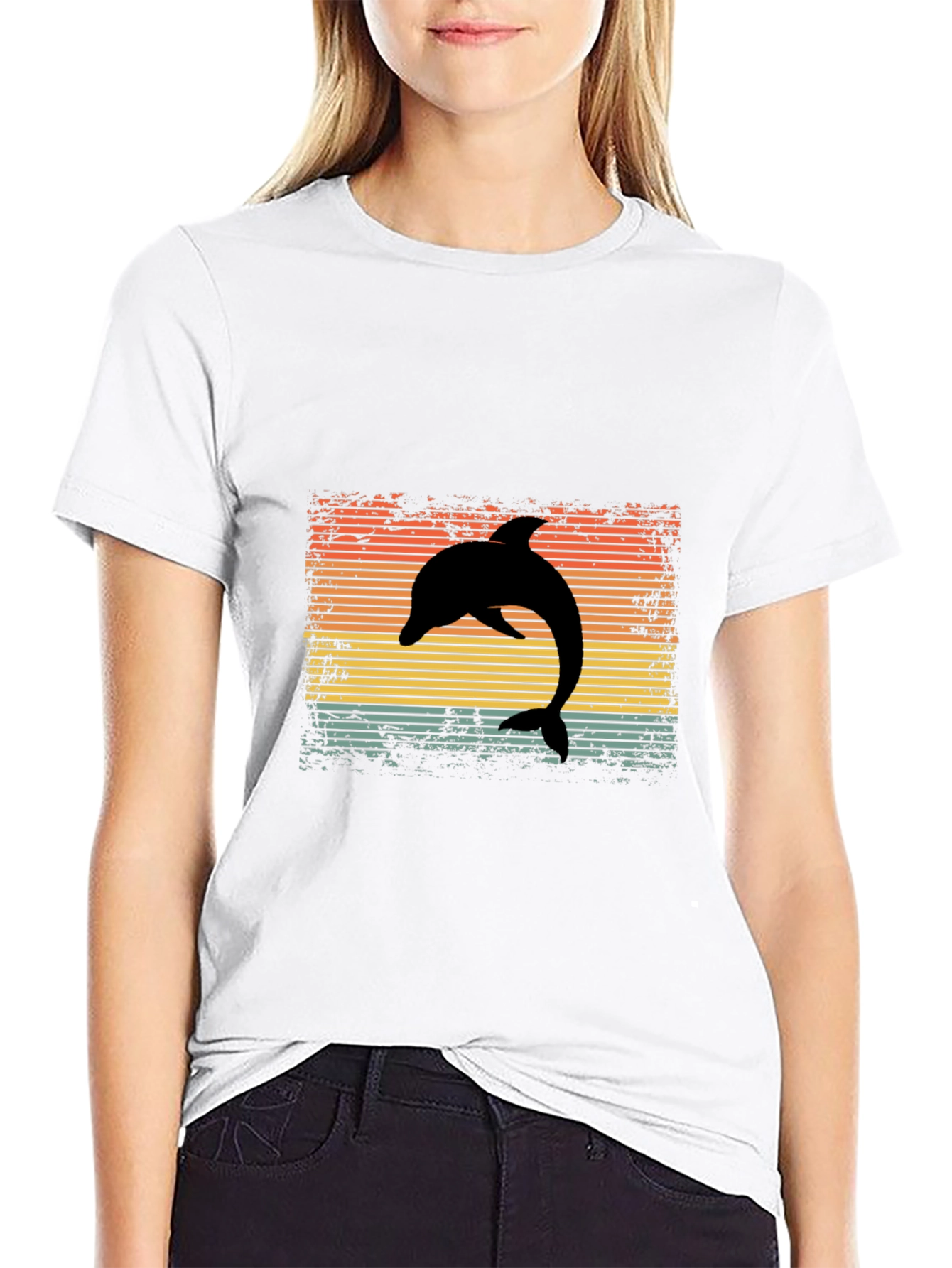 Retro Dolphin Graphic Tee - Black Cotton T-Shirt