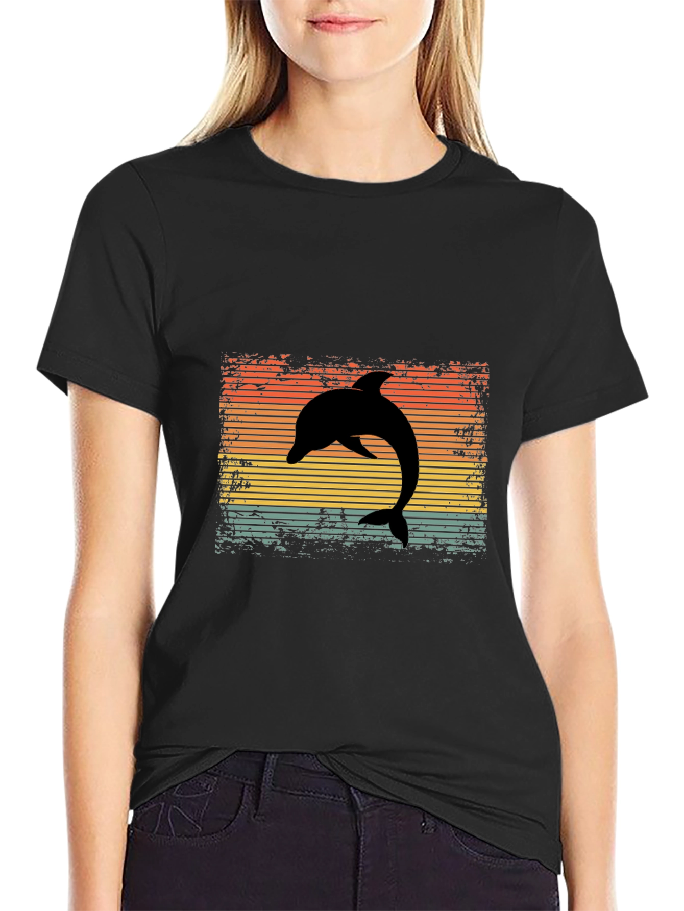 Retro Dolphin Graphic Tee - Black Cotton T-Shirt