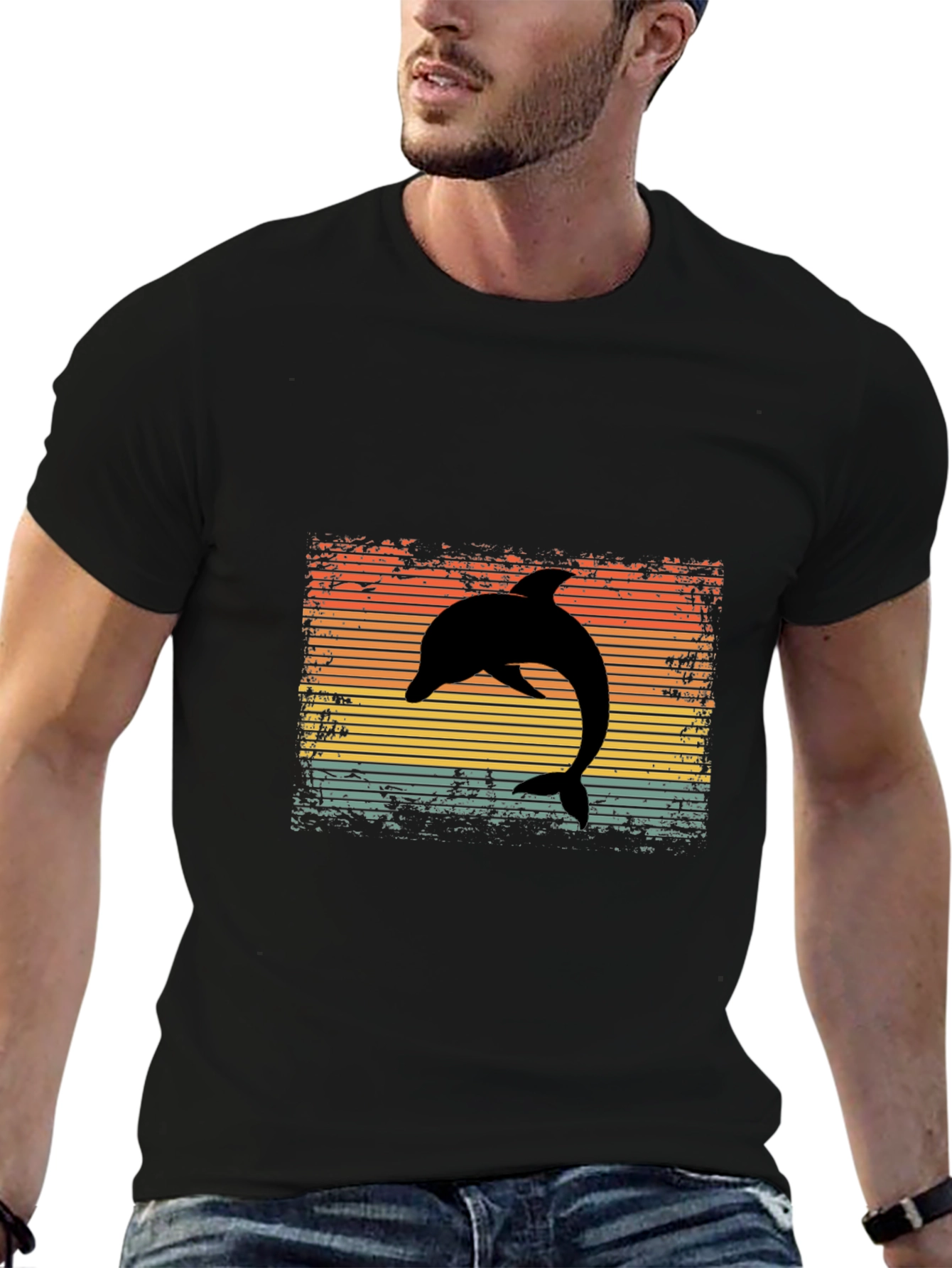 Retro Dolphin Graphic Tee - Black Cotton T-Shirt