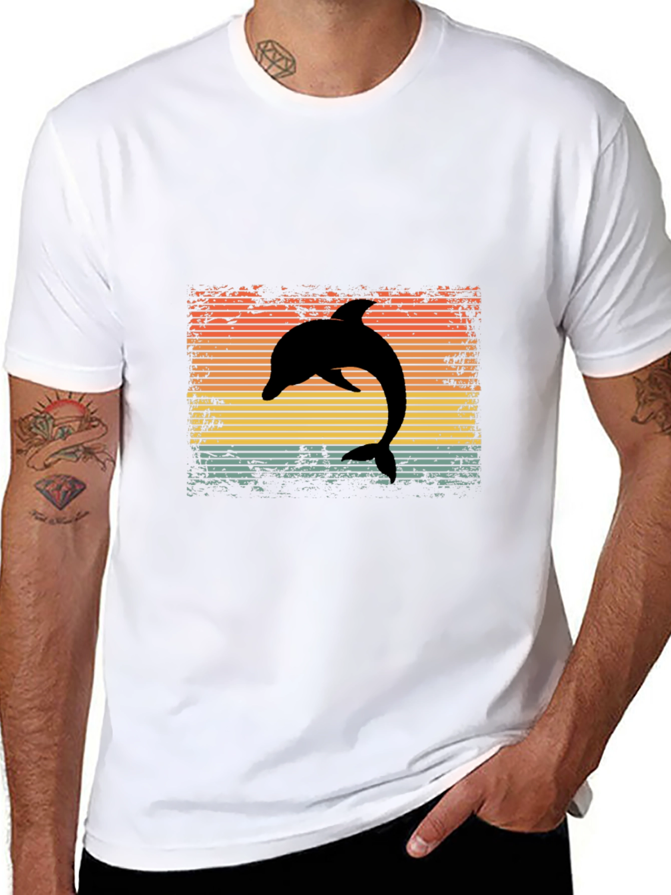 Retro Dolphin Graphic Tee - Black Cotton T-Shirt