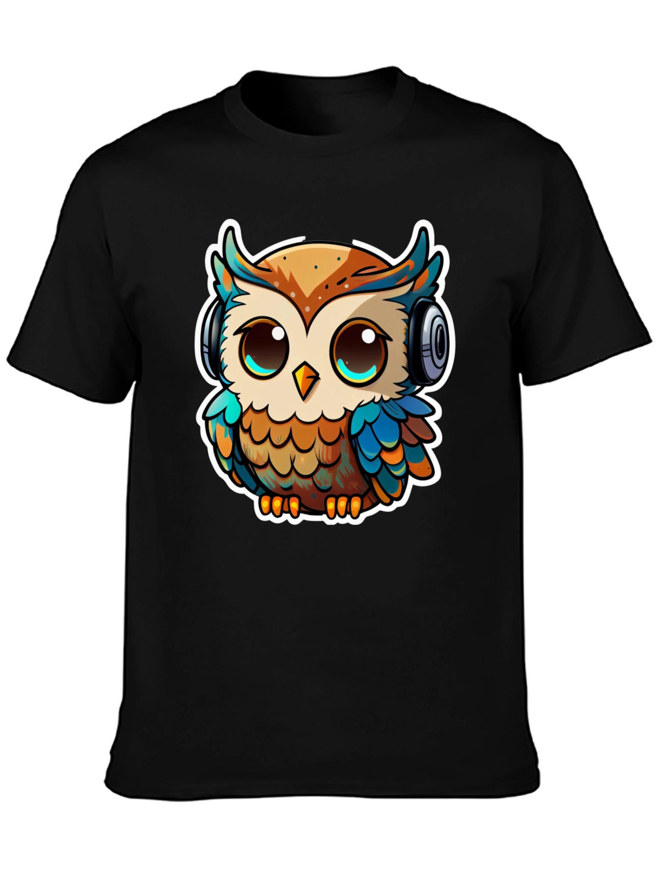 Owl with Headphones Black T-Shirt