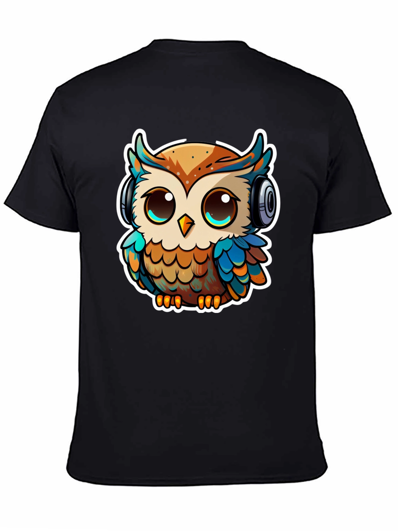 Owl with Headphones Black T-Shirt