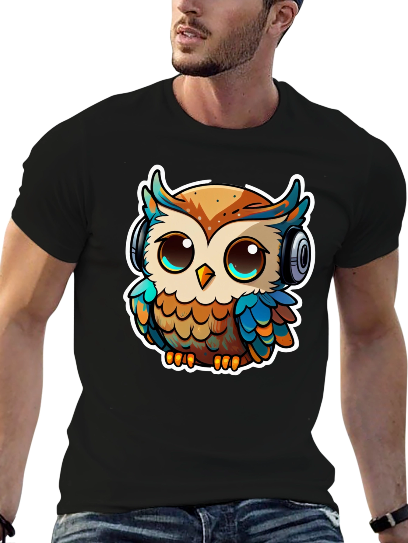Owl with Headphones Black T-Shirt