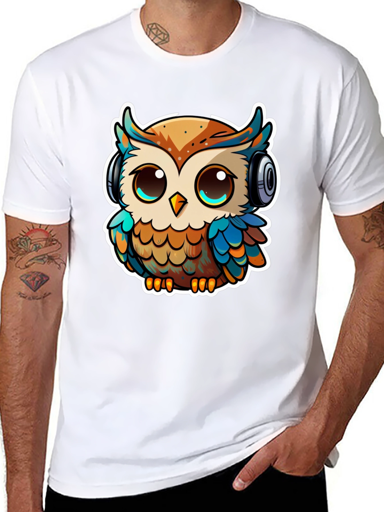 Owl with Headphones Black T-Shirt