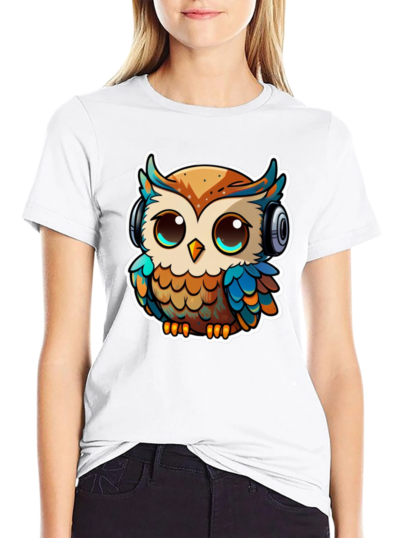 Owl with Headphones Black T-Shirt