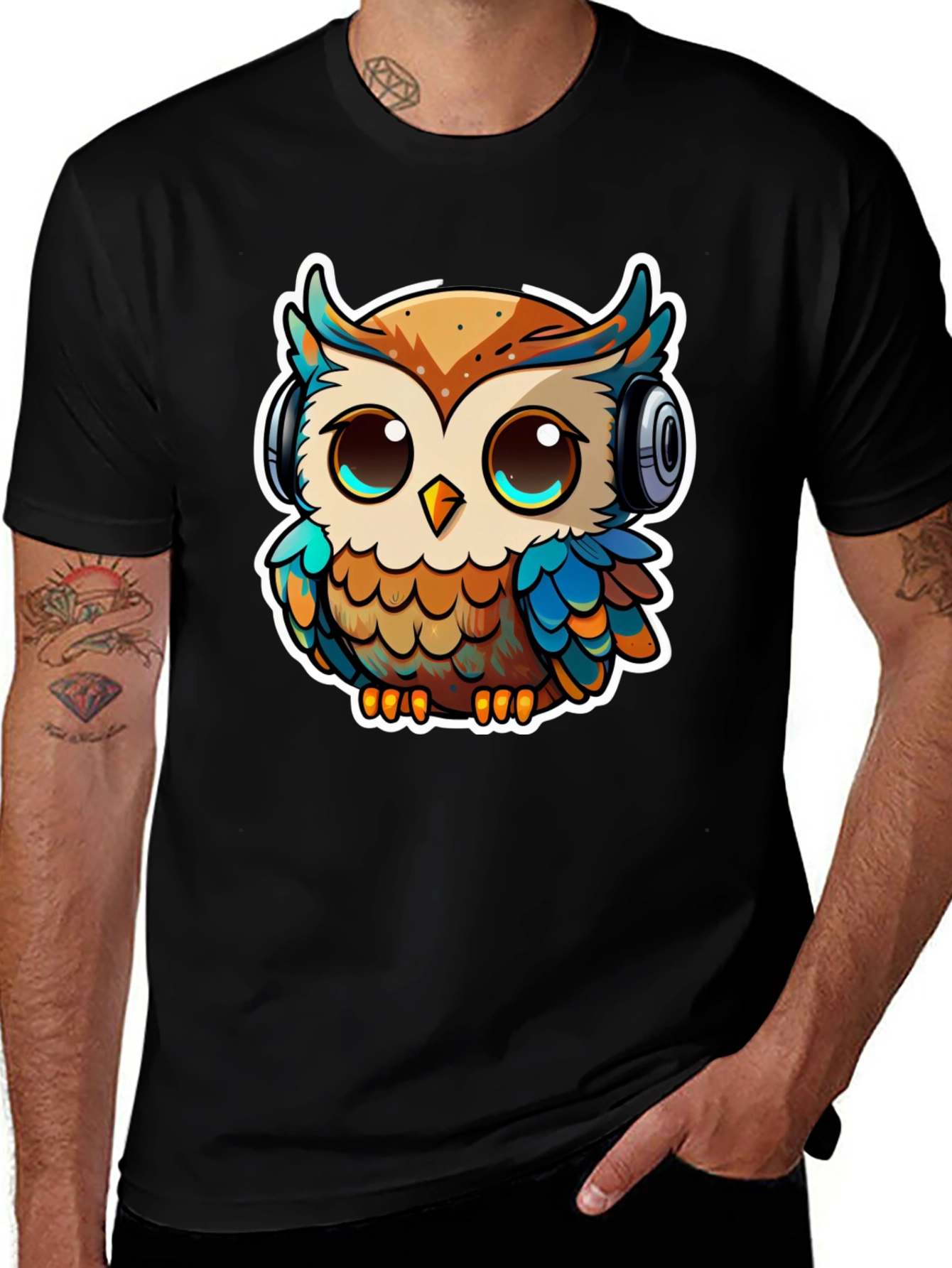 Owl with Headphones Black T-Shirt