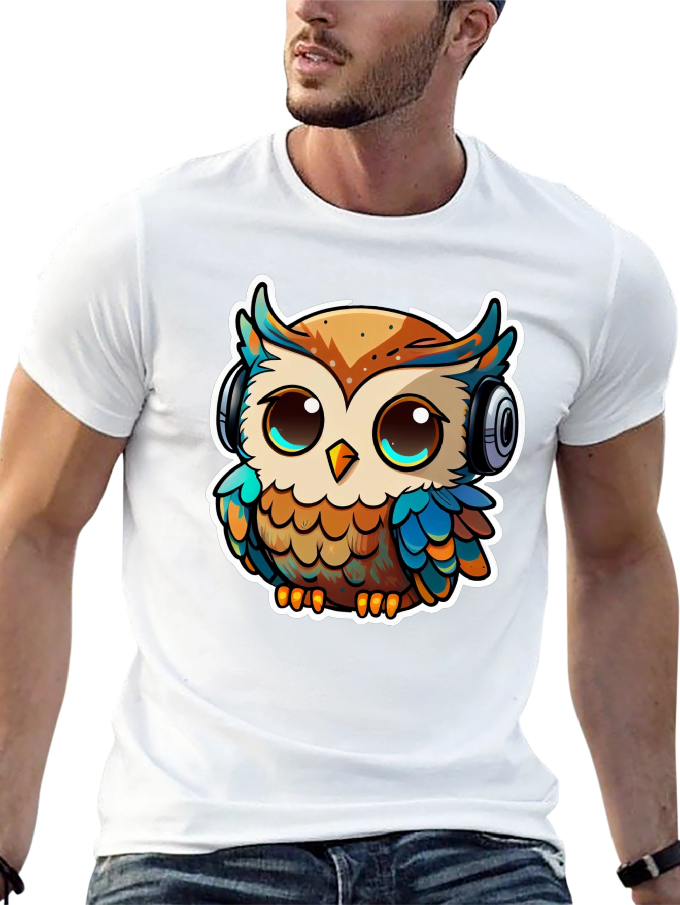 Owl with Headphones Black T-Shirt