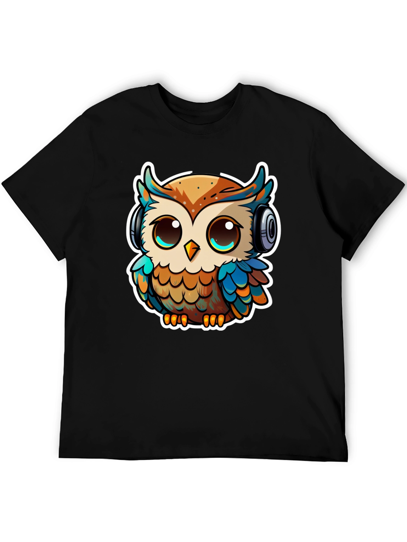 Owl with Headphones Black T-Shirt
