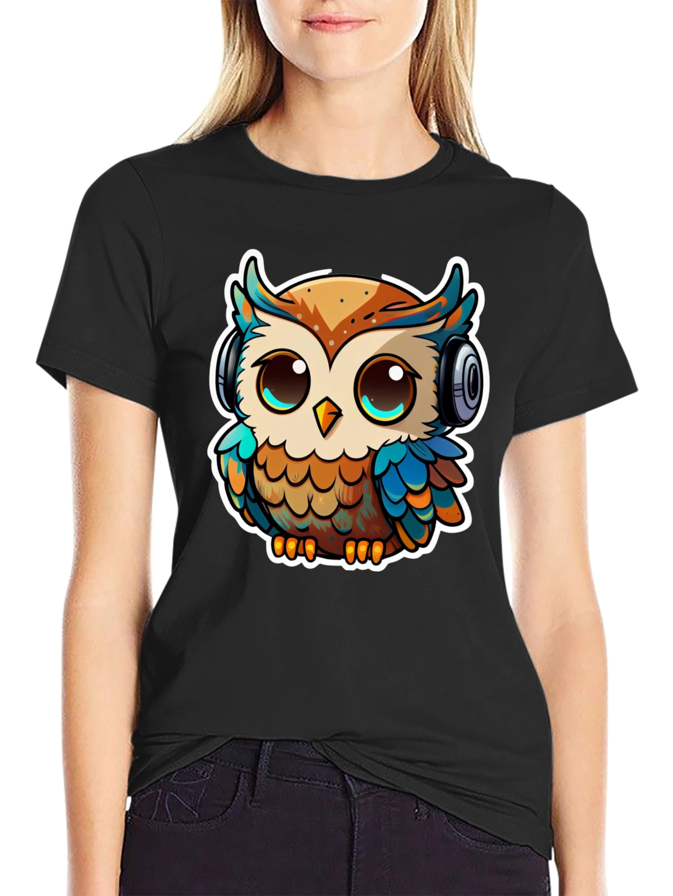 Owl with Headphones Black T-Shirt