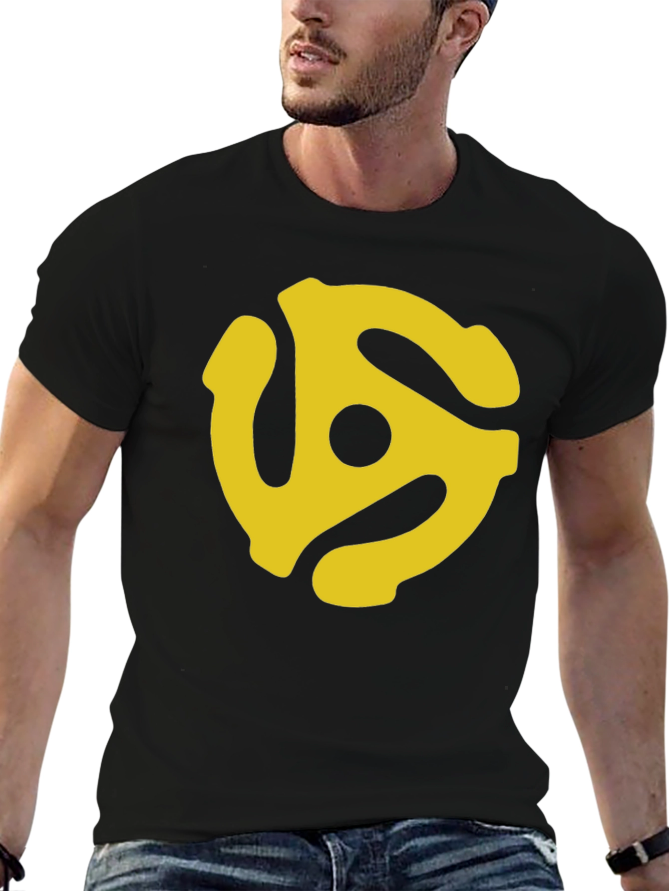 Retro Yellow Record Adapter Black T-Shirt