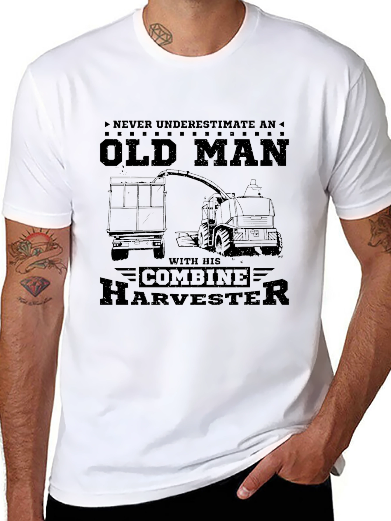 Old Man Combine Harvester T-Shirt - Black