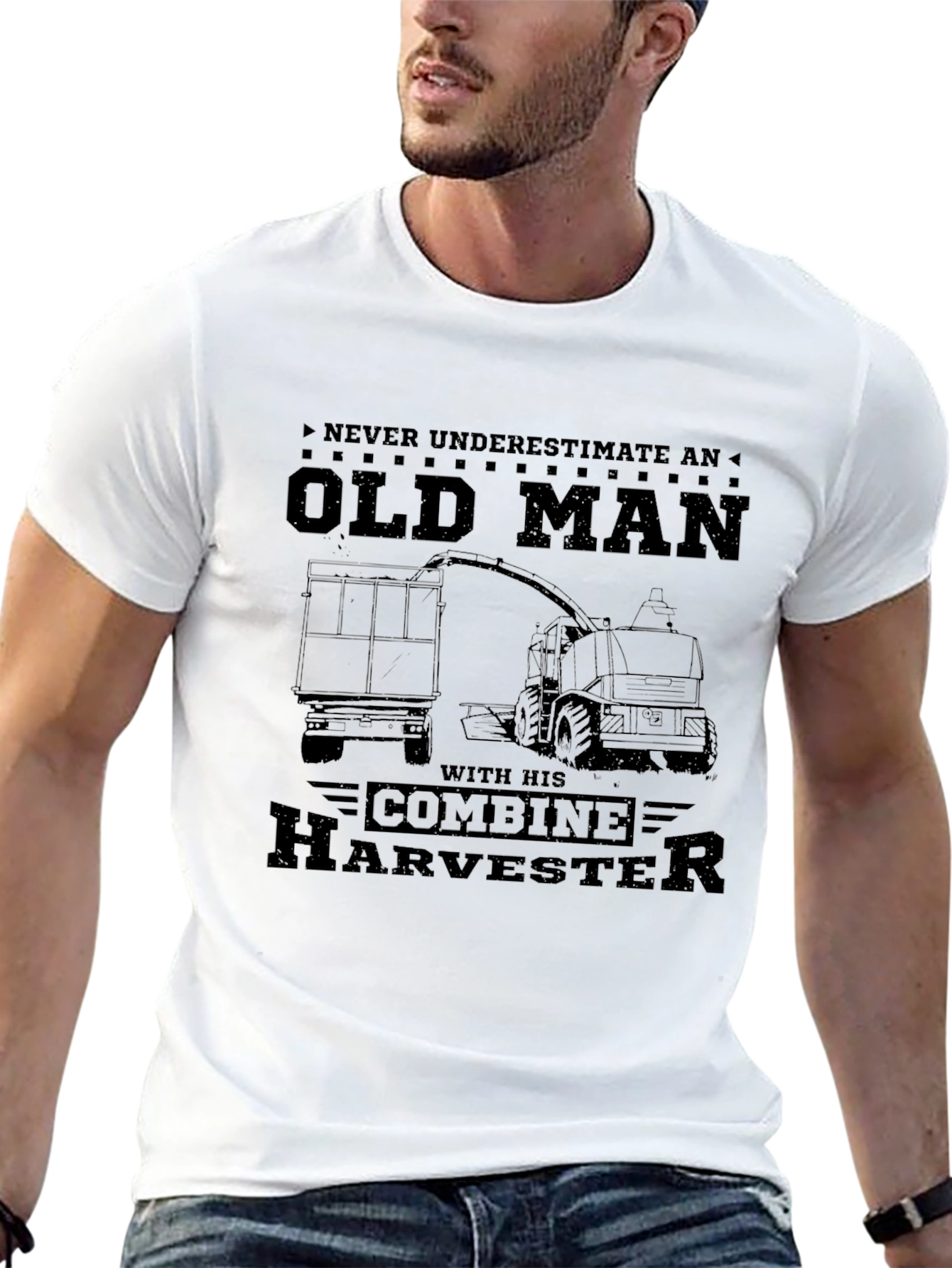 Old Man Combine Harvester T-Shirt - Black