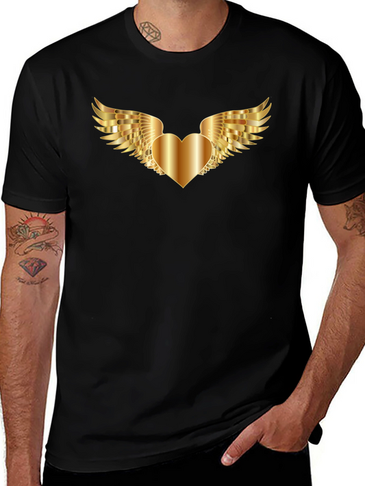 Black T-Shirt with Golden Heart Wings Graphic
