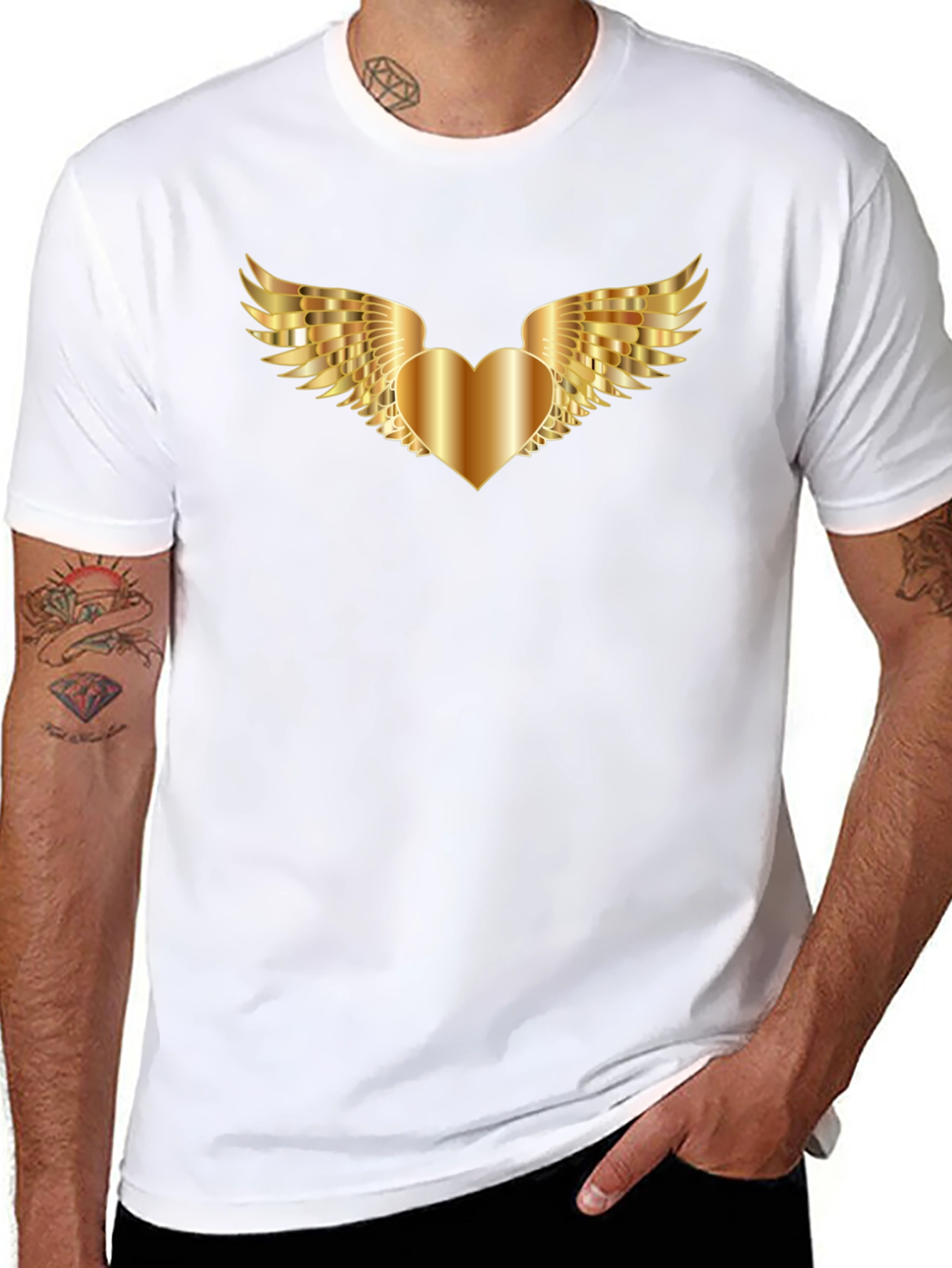 Black T-Shirt with Golden Heart Wings Graphic