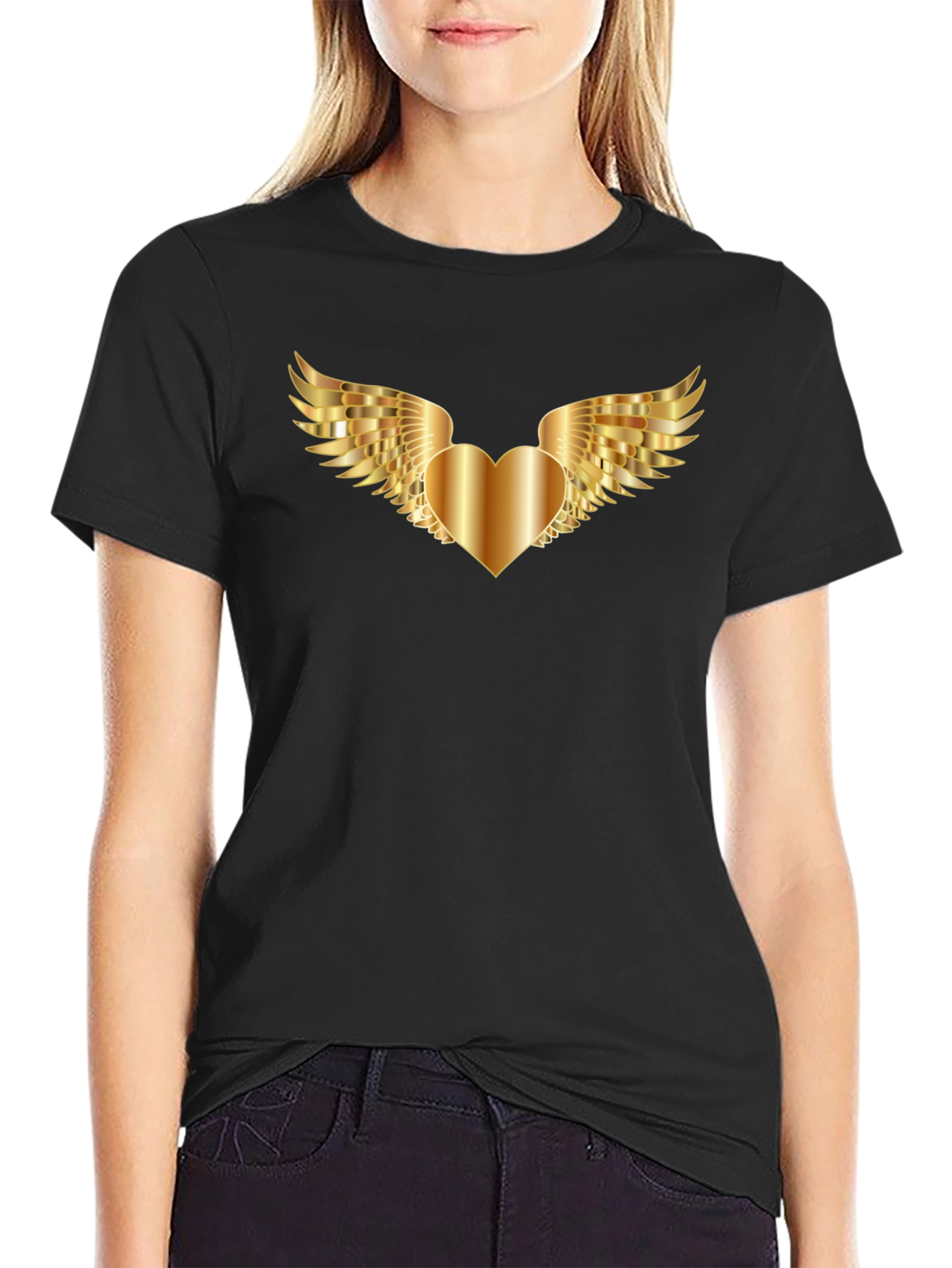 Black T-Shirt with Golden Heart Wings Graphic